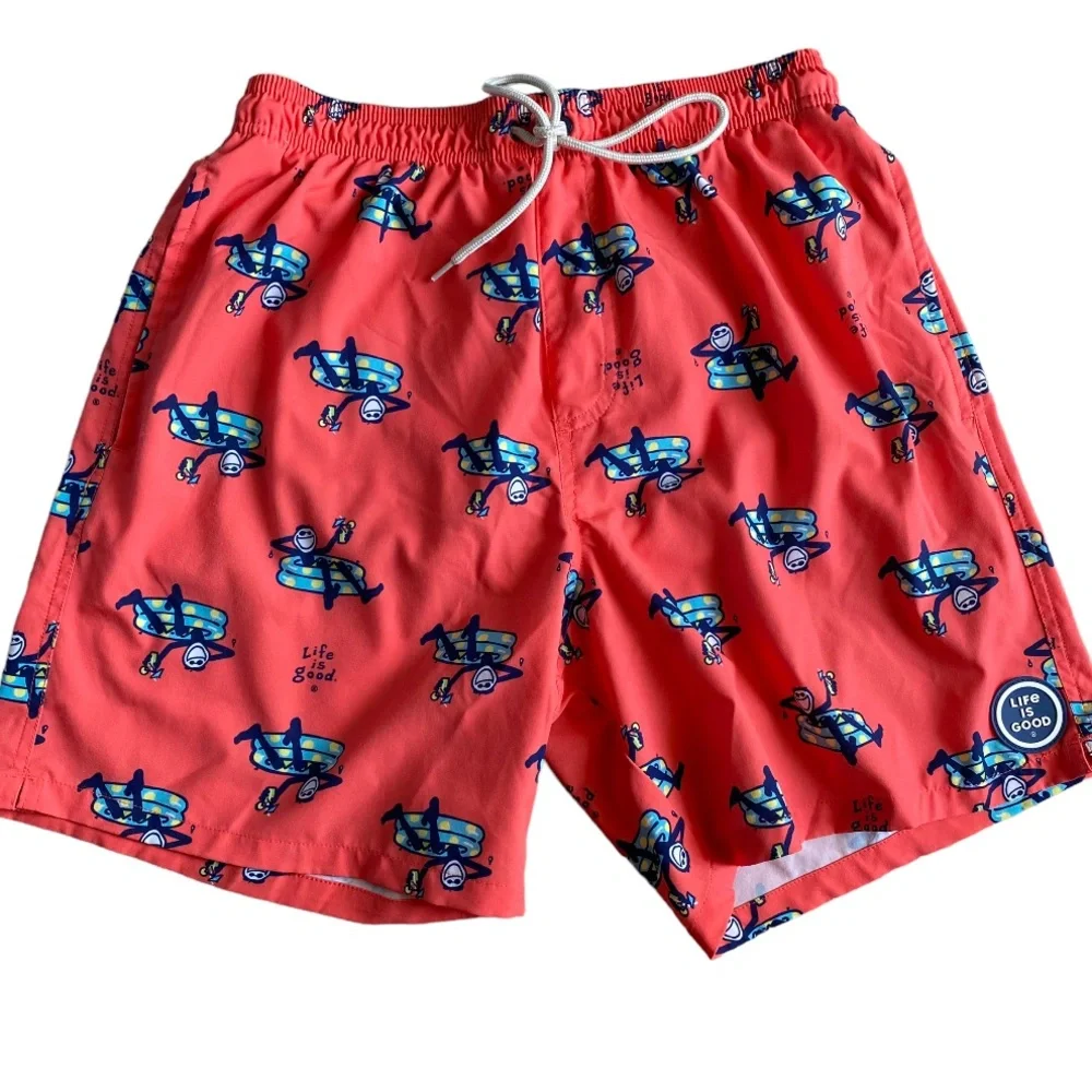 Life is Good Orange Print Men’s Jake Pool Party Swim Trunk Size Medium